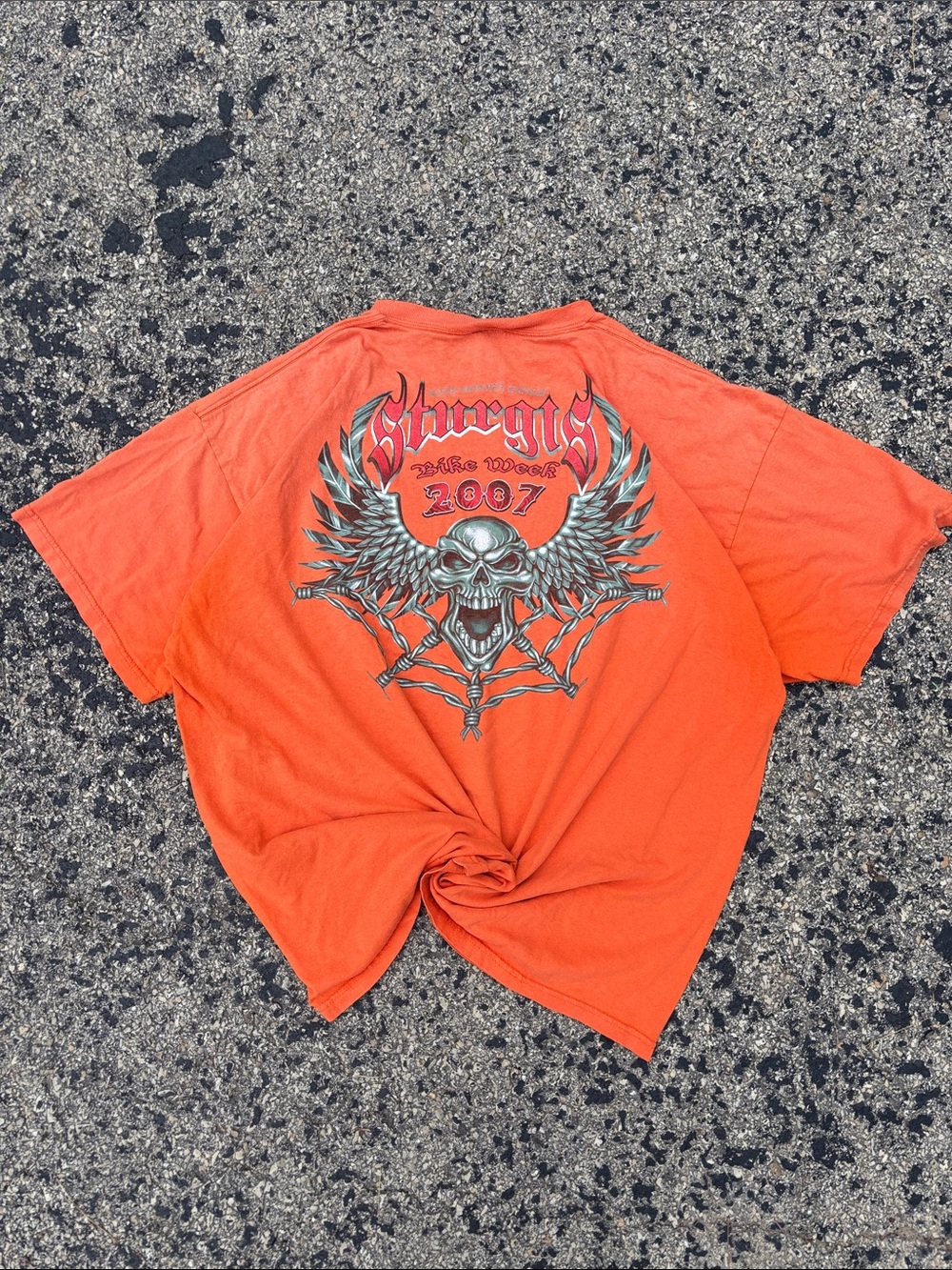 Vintage 2007 Sturgis Bike Week Mens Large Orange Skull Wings Graphic Tee
